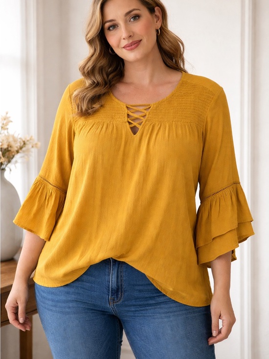 Westport Tops - Westport Mustard Lace-Up Ruffle Sleeve Blouse